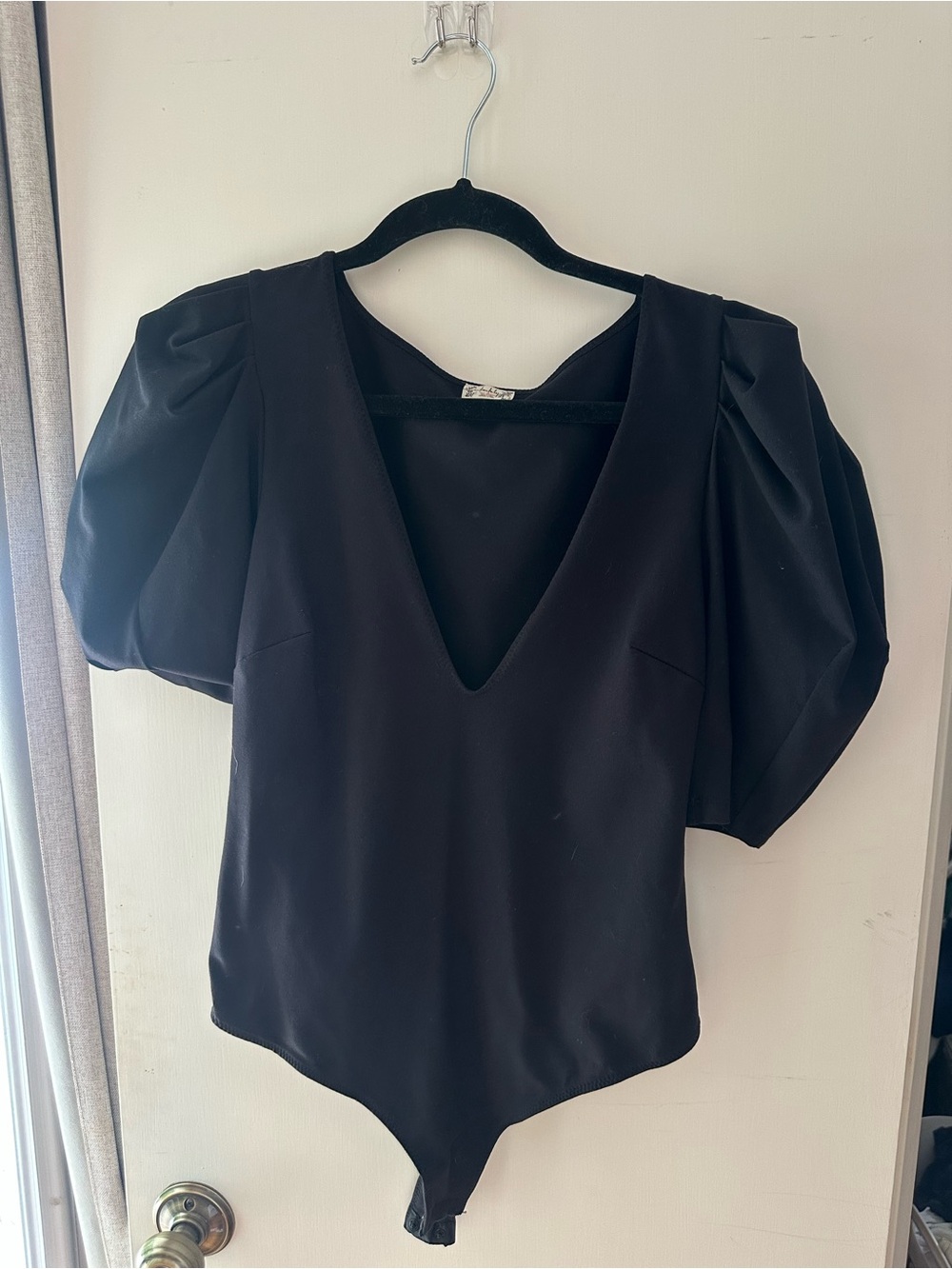 Free People Black Puff-Sleeve V-Neck Bodysuit